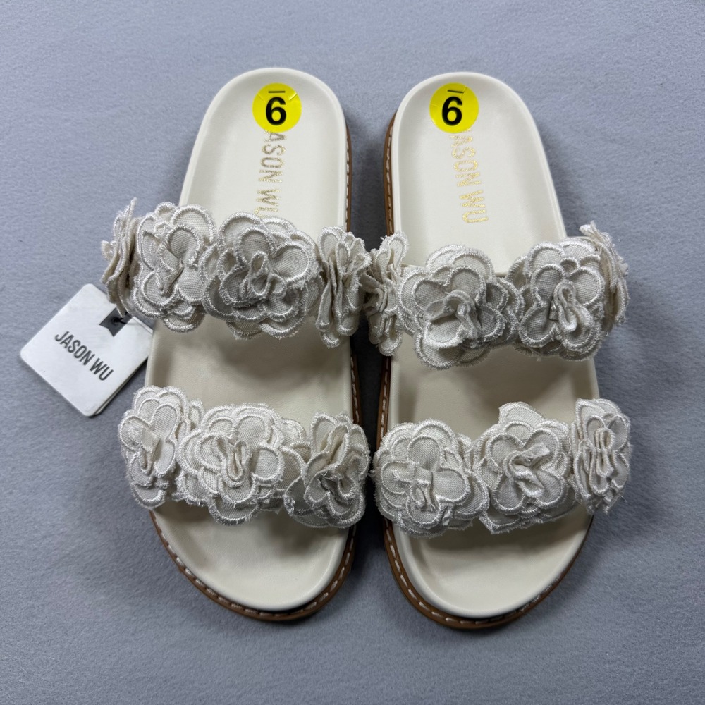 Jason Wu Women Cream Floral Embroidered Double Strap Slide Sandals JW-FLOR-P 9